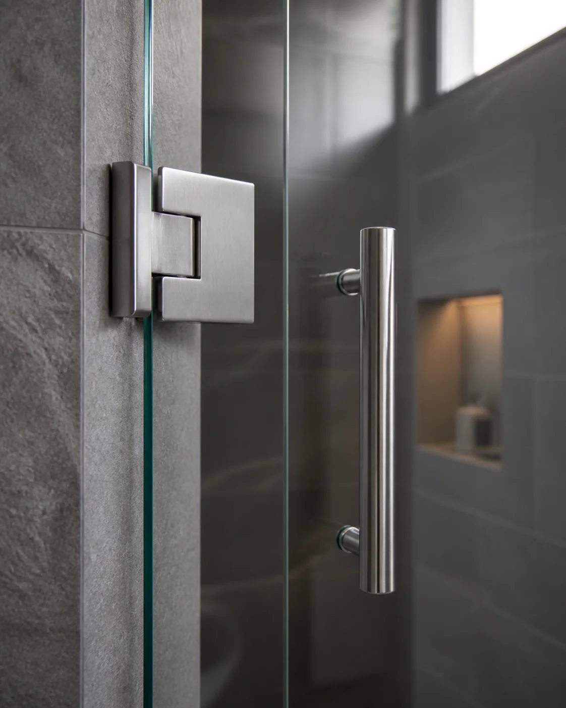 Design illustration showing the glass edge, chrome hinge and handle of a shower door