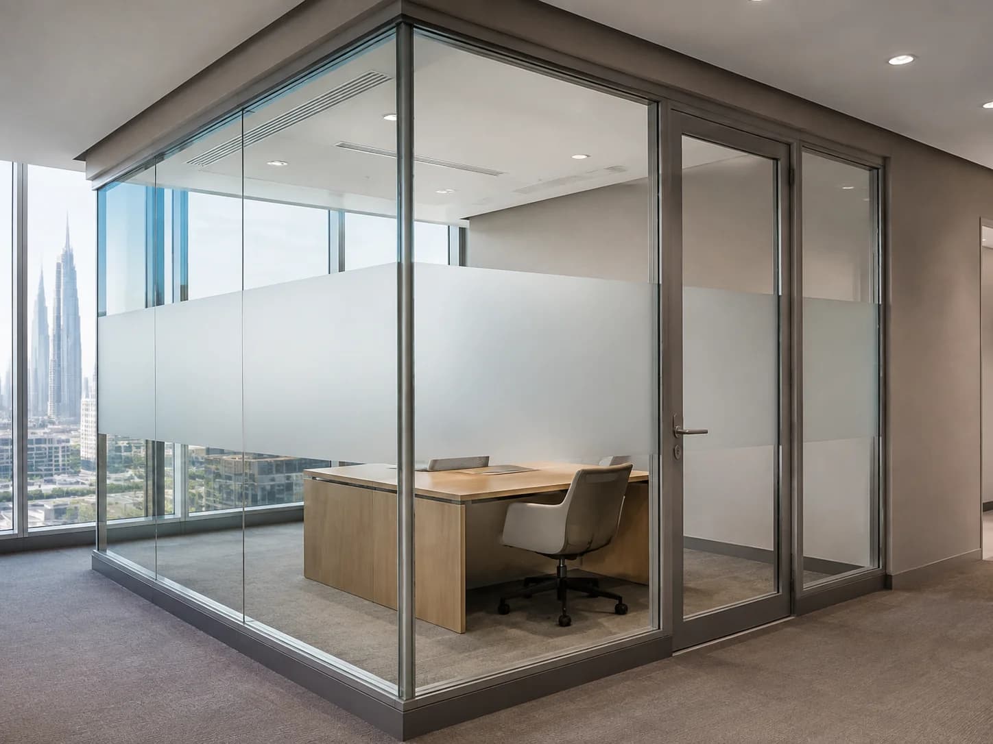 Design illustration of frosted glass privacy panels for an office cabin