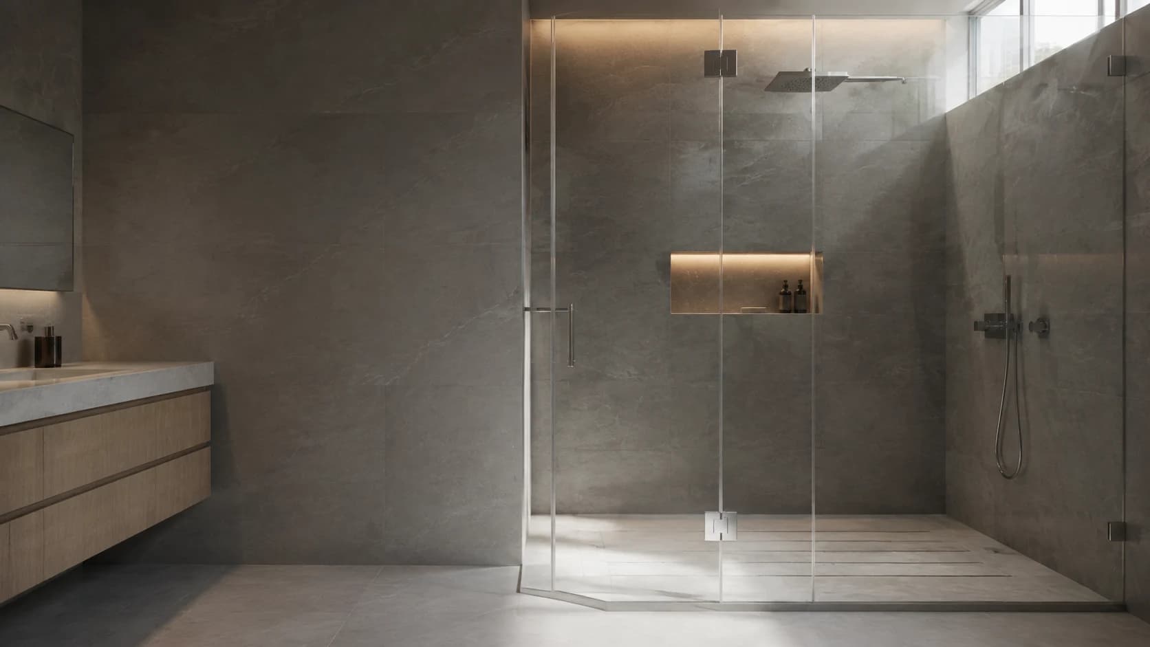 Design illustration of a frameless shower enclosure with clear glass and chrome fittings